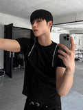 Shoulder Zipper Deep Black Short Sleeve T-shirt