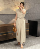 [Two-piece set] Rubia PintuckSleeveless Blouse Belt Wide Pants