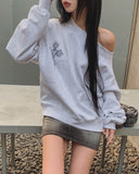 Parts Lettering Brushed Off-Shoulder Sweatshirt