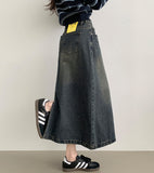 Simple Casual A-line 4-season Curved Line Denim Long Skirt