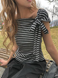 Scon Stripe Plain One-Shoulder Ribbon Short Sleeve T-Shirt