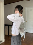 Tilla Linen See-through Color Matching Slim Long Sleeve Hood T-shirt