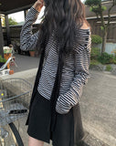 Osen Off-shoulder Stripe Button T-shirt