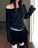 Royu Unbalanced Color Matching Shirring One-Off Shoulder Long Sleeve T-Shirt