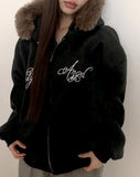 [Brushed Lining] Rahin printing over fur hood zip-up