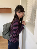 Dyoi Printing Stripe Round Long Sleeve Tee