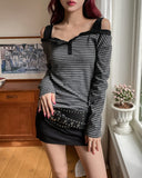 Signal Button Stripe Off-Shoulder Long Sleeve