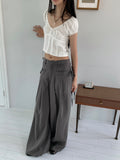 Haron Side Ribbon Strap Pintuck Long Wide Slacks