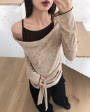 Bimu rib strap sleeveless layered off-shoulder long sleeve T-shirt