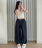 Non-Fade Raw Balloon Wide Jogger Banding Summer Pants