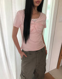 Anise Twist Shirred Short Sleeve T-shirt