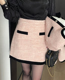 Noble Velvet Ribbon Boucle Wool Jacket Mini Skirt Set