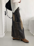 Parform Vintage Washing Long Denim Skirt
