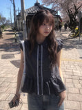Ripen Check Lace Frill Puff Short Sleeve Shirt