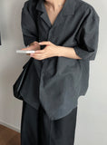 Linen s s open collar short sleeve shirt