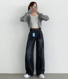Pin Tuck Banding Casual Long Wide Washing Denim Pants