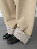 Monique Check Color Matching Cotton Wide Banding Pants