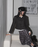 Beolin Check Folding Unbalanced Flare Midi Skirt