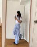 Khark Checkered Pintuck Banding Long Wide Pants