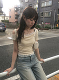 Dis Twist Strap Shoulder Lace Short Sleeve T-shirt
