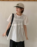 Cube Ribbon Cut Shirring Short Sleeve Blouse
