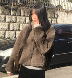 Merve Fluffy Fur Button High Neck Short Jacket