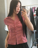 Trin Check Shirring Puff Blouse
