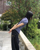 Warden Round Collar Puff Check Blouse