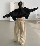 Two-Way Hem Snap Banding Diagonal Cut Wide Fit Cotton Pants