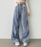 Knee Side Pin Tuck Balloon Waist Adjustment Wide Fit Denim Pants