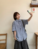 [unisex] Bubblet Stripe Linen Over Short Sleeve Shirt
