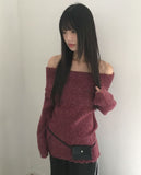 Smin wool mohair fold off-shoulder knit