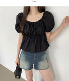 Summer Ribbon Puff Balloon Short Sleeve Flare Blouse