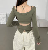 Chic Dodo Open Waist U-neck Long Sleeve T-shirt