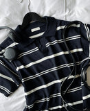 V-in stripe button collar short sleeve knit