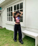 Richin American Flag Stud Rivet Unbalanced Off-shoulder Short Sleeve T-shirt