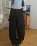 Parkle Diagonal Cargo Pocket Wide Denim Pants
