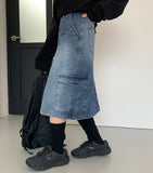 Senpo cargo denim midi skirt