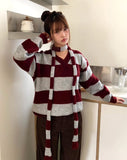 [Muffler SET] Phu Stripe Color Matching V-Neck Loose Fit Long Sleeve Long Knit