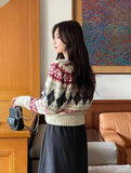 Cren Argyle Puff Knit Cardigan