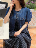 Lydia No Collar Denim Short Sleeve Jacket