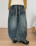 [unisex] Abus embroidery denim wide balloon pants