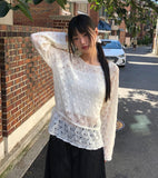 Ui punching ribbon strap round neck see-through long-sleeved knit