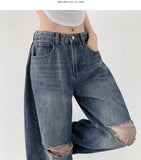 Destroyed Jeans Pleated Side Pin Tuck Balloon Wide Fit Pants