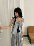 Baso Check Frill Seersucker Boat-Neck Blouse