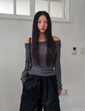 Ruffle see-through shirring drape long sleeve