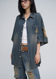 Sia damage washed denim short-sleeved shirt