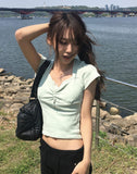 [MADE/more BASIC] Sisson Punching Heart Neck Shirring Cap Sleeve Short Sleeve T-shirt