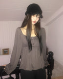 GL Flower Button Shirred Square Long Sleeve T-shirt