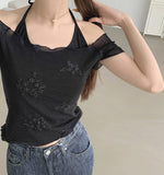 Flower Pattern Halterneck Sleeveless Short Sleeve Blouse Set